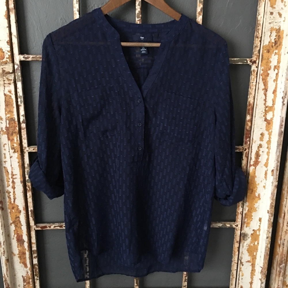 Gap Semi Sheer Roll Tab Sleeve Blouse Navy Size M